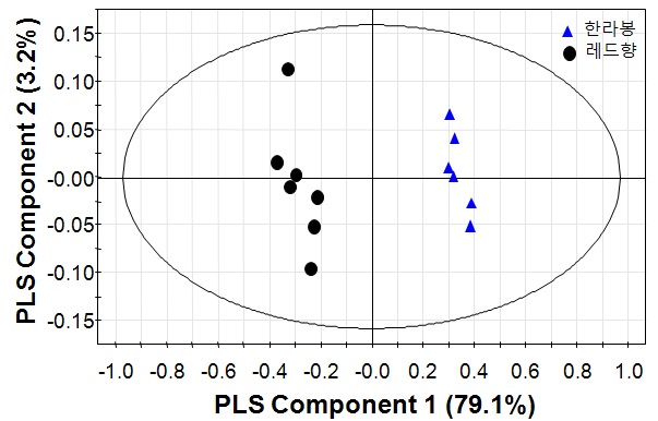 그림 9(b). 한라봉, 레드향 과피 수용성 추출물 시료 PLS-DA 기반 score plot