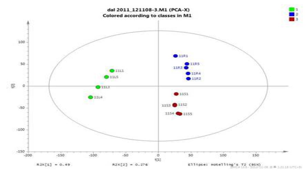 그림 20(b). 달맞이꽃 뿌리, 줄기, 잎 시료 (2011) PCA 기반 score plot