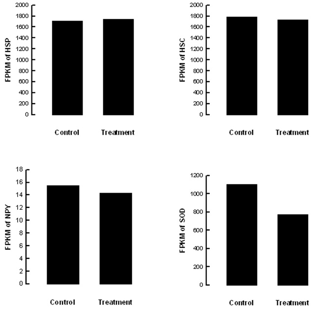 Fig. 64. Effect of stress sound (5,000 Hz, 95 db) on genes associated with physiological stresses of Liriomyza trifolii.