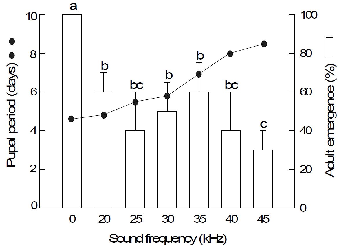 Fig. 67. Effect of different ultrasound treatments (95 dB) on pupae in their development of Spodoptera exigua. Different letters above standard deviation bars indicate significant difference among means at Type I error = 0.05 (LSD test).