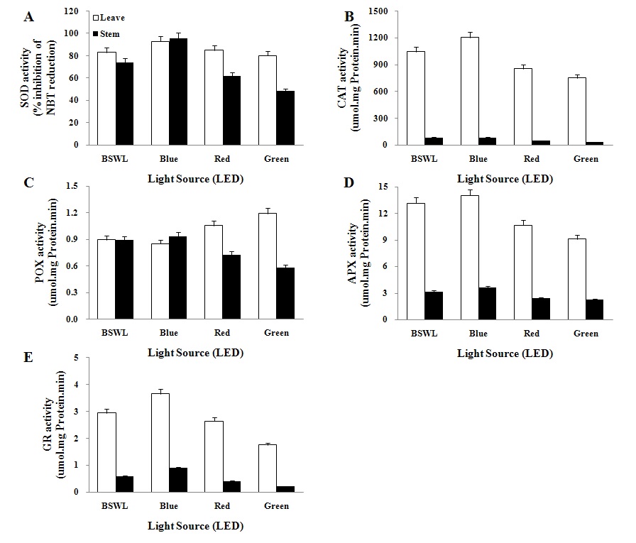 Fig. 20. The activities for antioxidant enzymes in leaves and stems of ‘Toy’ tomato plants under different LED treatment.