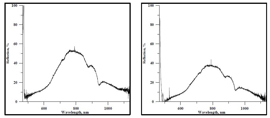 토양수분 10~15%(좌), 15%이상(우) 토양의 스펙트럼 측정 결과
