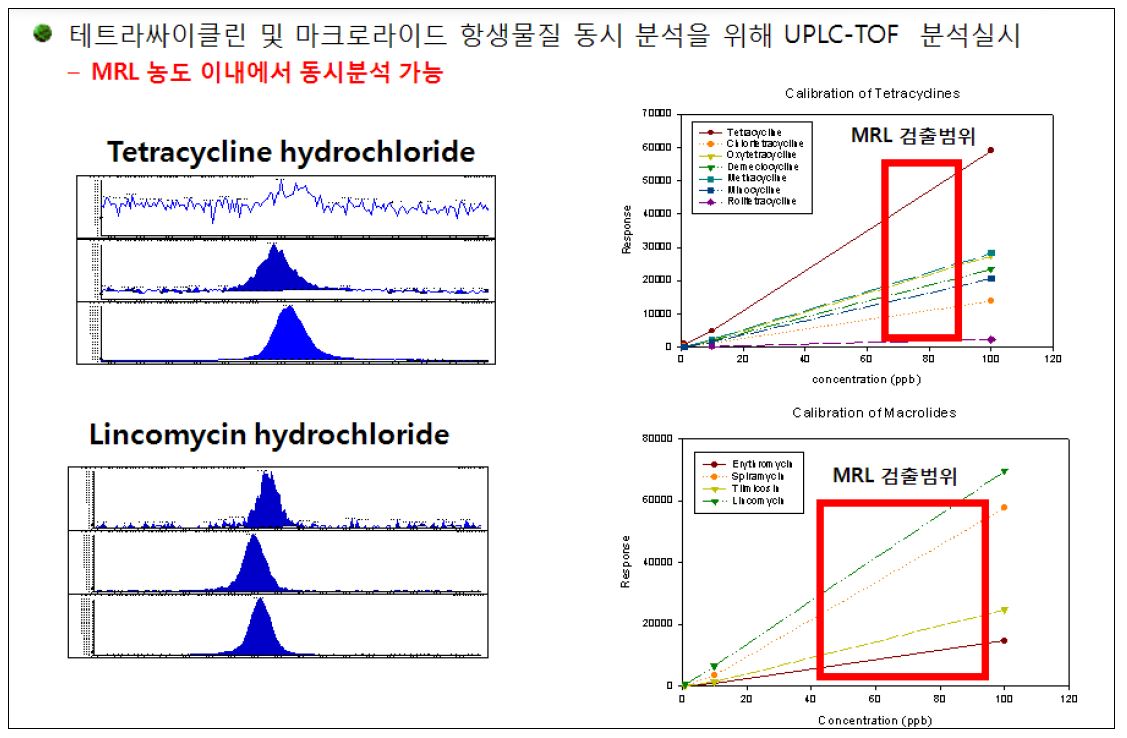 우유 중 테트라싸이클린 및 마크로라이드계 항생물질의 extracted ion chromatogram과 검량선(calibration curve)