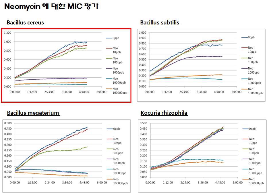 Neomycin에 대한 4종의 균주에 대한 MIC test