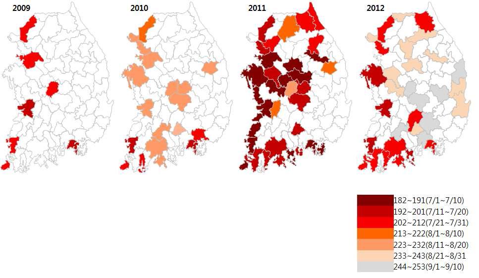 고추 세균성점무늬병 초발일 GIS 지도(2009~2012)