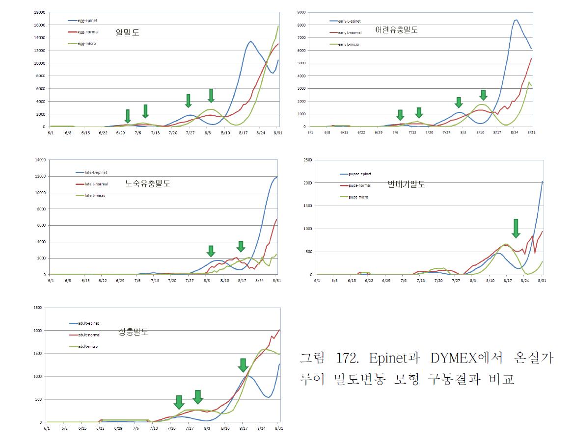 Epinet과 DYMEX에서 온실가루이 밀도변동 모형 구동결과 비교