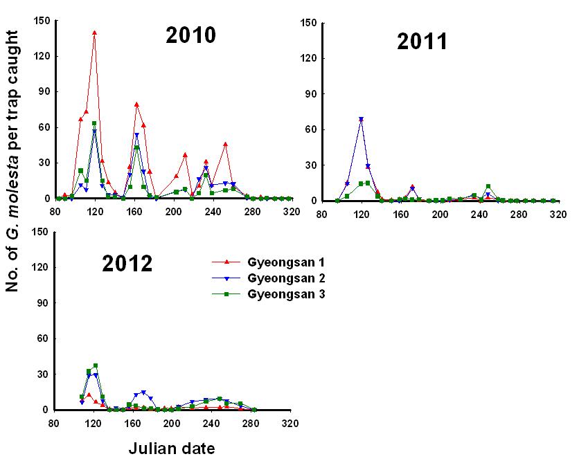 경산 복숭아과수원 복숭아순나방 연도별 발생패턴. 2010, 2011, 2012.