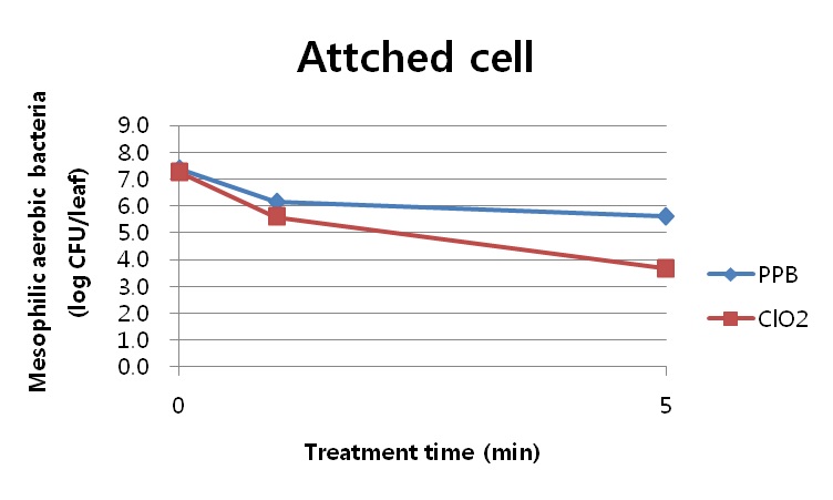 Fig. 8. PPB와 200ppm ClO2를 1분, 5분 처리 후 시금치에 부착되어있는 중온성호기성미생물의 개체수