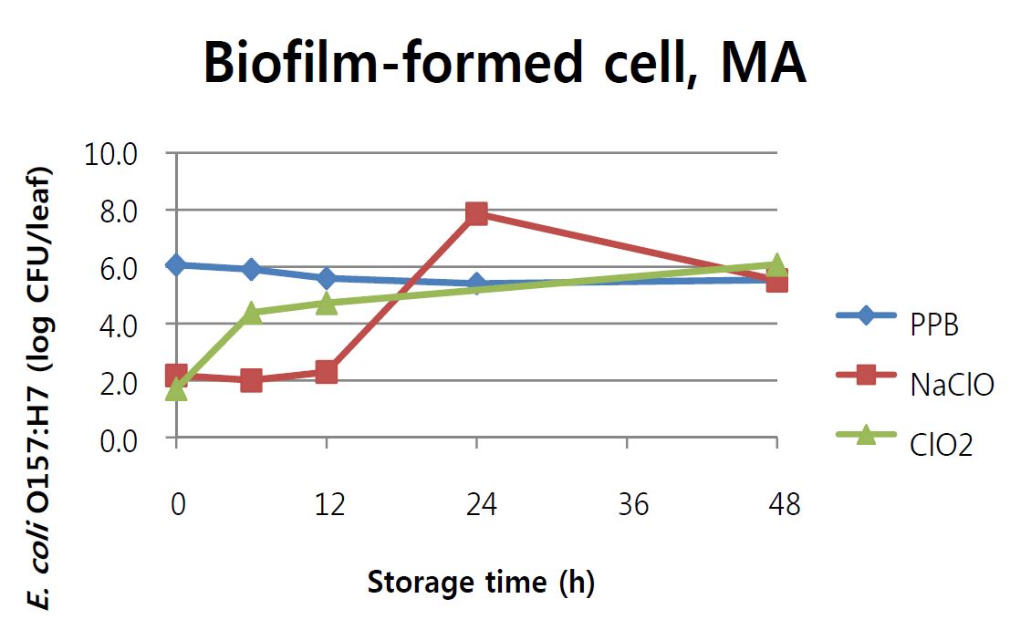 Fig. 30. 시금치에 바이오필름을 형성한 cell에 PPB, 200ppm NaClO, 200ppm ClO2를 5분 처리한 후, 1시간 건조과정을 거쳐 MA에 최대 48시간 저장동안 변화된 E. coli O157:H7의 개체수 (0h 는 1시간 건조 후 개체수를 나타냄)