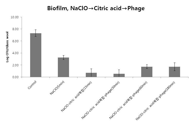 Fig. 90. NaClO, citric acid 복합처리(1% citric acid+20%ethanol+10% NaCl), 박테리오파지처리 순에 의해 Glass wool에 부착된 biofilm-formed cell 제어효과