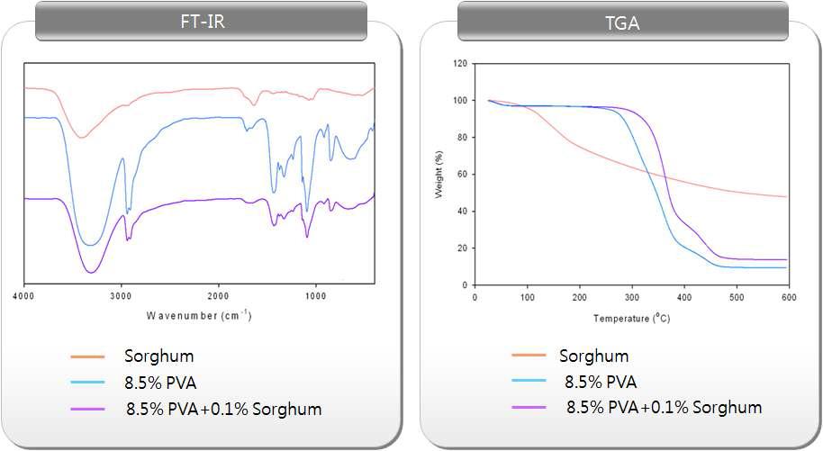 PVA-황금찰수수 추출물 나노섬유구조체의 FT-IR 및 TGA 결과.