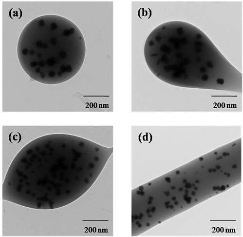 TEM images of LMW-PVA/Ag nanosphere prepared with different PVA concentrationsof (a) 2.5 wt.%, (b) 5.0 wt.%, (c) 7.5 wt.% and (d) 15 wt.%.
