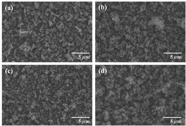 FE-SEM images of electrospun zein nanoparticles containing with different sorghum extracts (a) 0 wt.%, (b) 5 wt.%, (c) 10 wt.% and (d) 20 wt.%