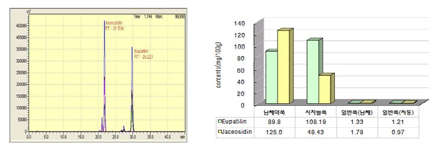 Fig. 1. 수집 쑥 종류별 유파틸린 및 자세오시딘 함량