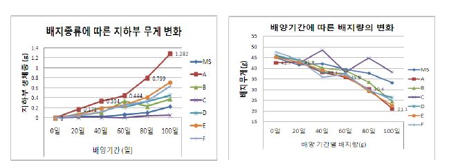 그림 4. 배지종류에 따른 지하부 무게 및 배양기간별 배지량 변화