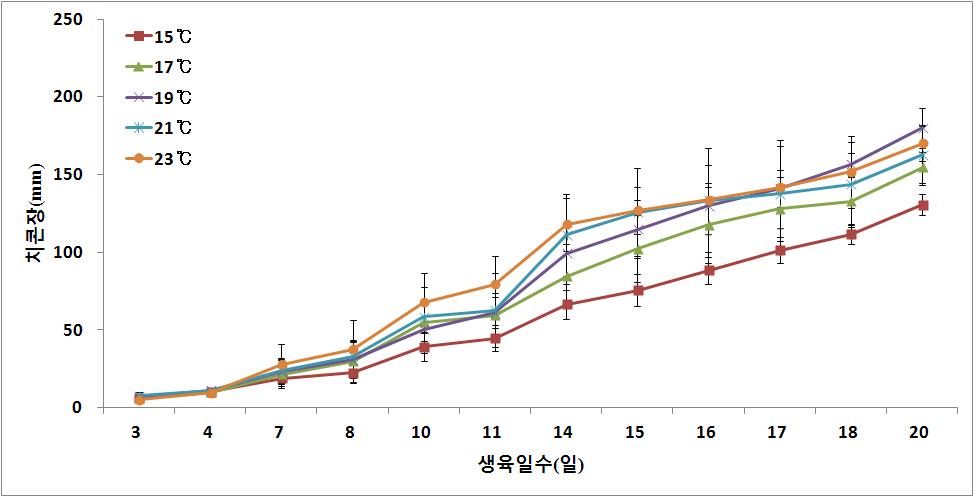 수온별 생육일수에 따른 치콘 구고 생장 곡선