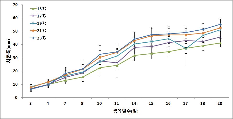 수온별 생육일수에 따른 치콘 구폭 생장 곡선