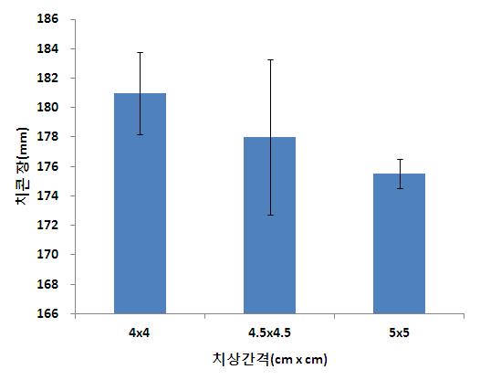 근경 4cm 이상 종근의 치상간격별 치콘장 비교