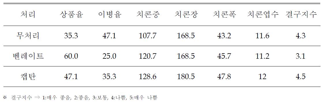 종근 살균제별 치콘 생산력 비교(5℃ 저장, 6주 후 생산)
