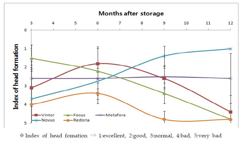 품종별 종근 저장기간에 따른 치콘 결구도 비교