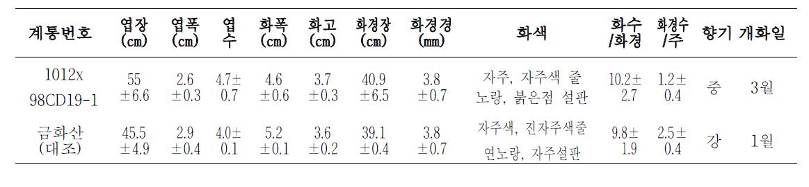 2012년 1차 특성검정용 계통의 생육 및 개화특성