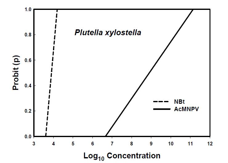 The relationship between probit (p) and LC10concentration of two insecticidal agents to Plutella xylostella