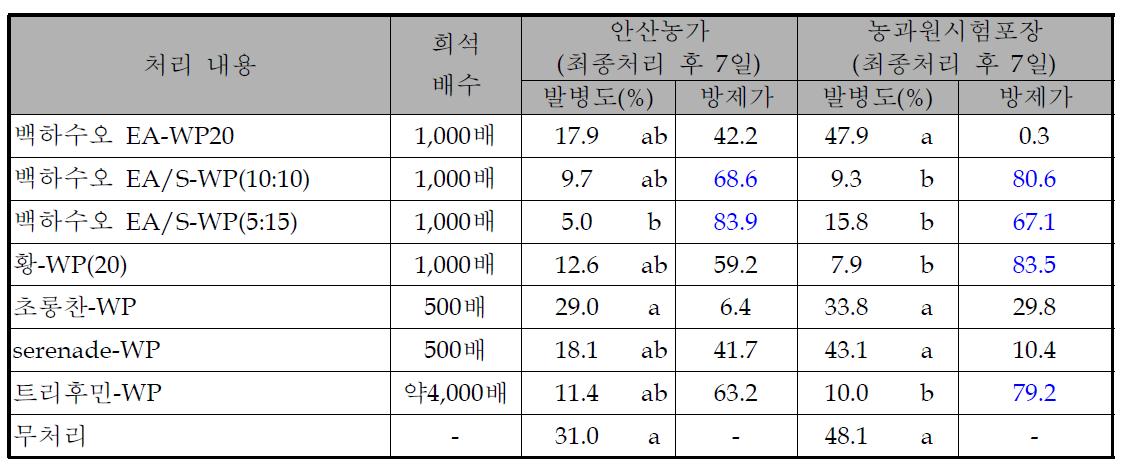 추출물 처리 후 시기별 오이 흰가루병 발병과율 방제효과(2010년)