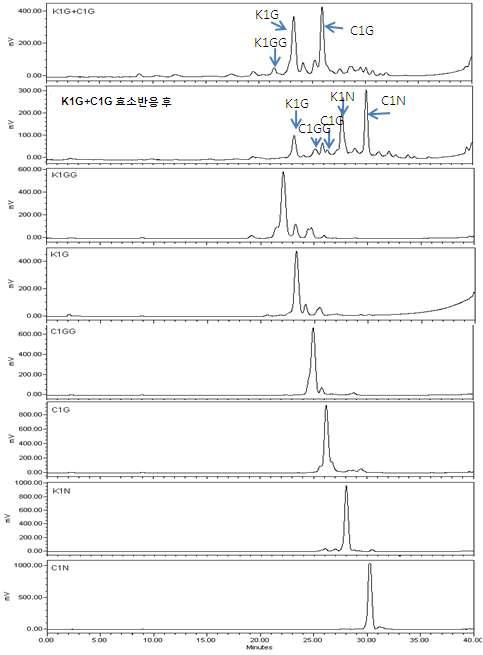 β-glucosidase를 이용하여 반응시킨 K1G+C1G의 HPLC 분석.