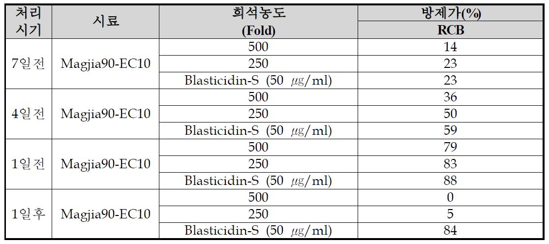 Magjia90-EC20의 벼 도열병에 대한 지속성효과 및 치료효과