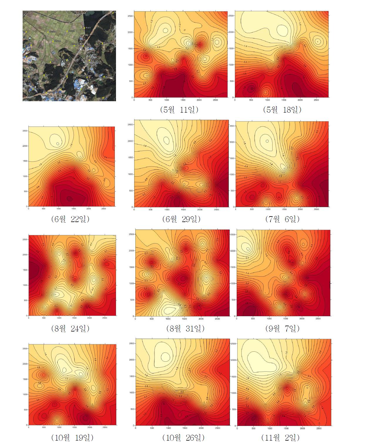 광역지역에서 시기별 톱다리개미허리노린재 공간분포 및 aggregation index변화 (2011년) (붉은색이 진한곳이 밀도가 높은 지점임)