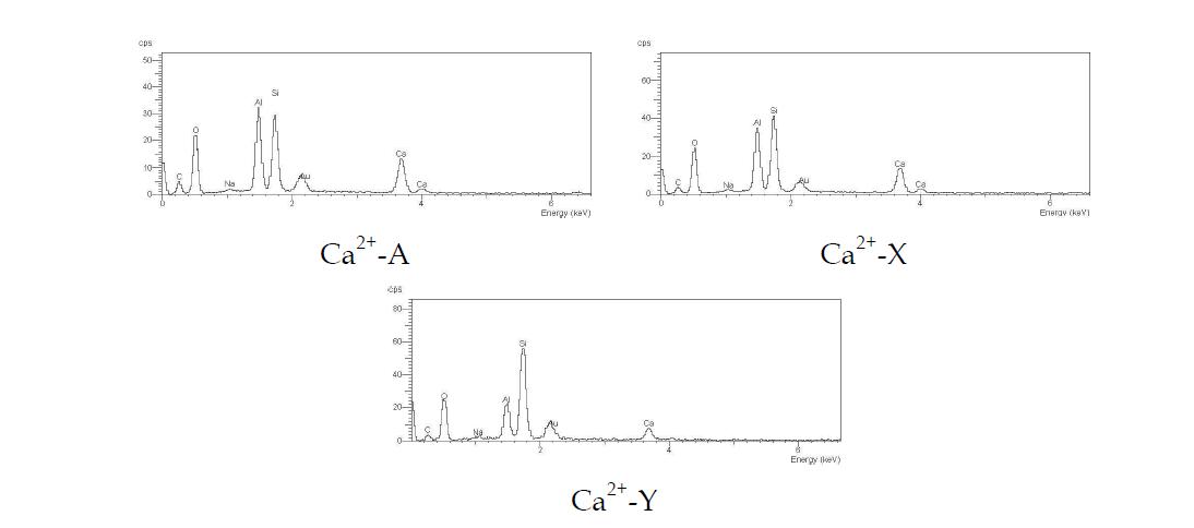 Ca2+ 이온으로 교환된 제올라이트 A, X 및 Y의 EDS 스펙트럼