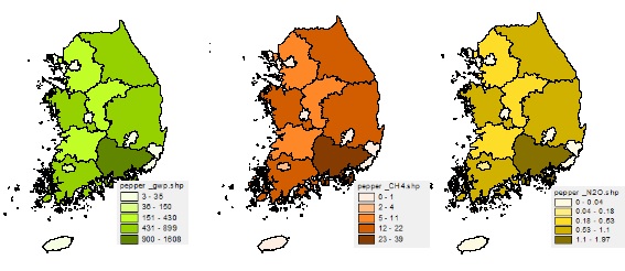 그림 24. 고추 잔사소각 시 발생하는 시군별 CH4, N2O 및 GWP 발생량 분포