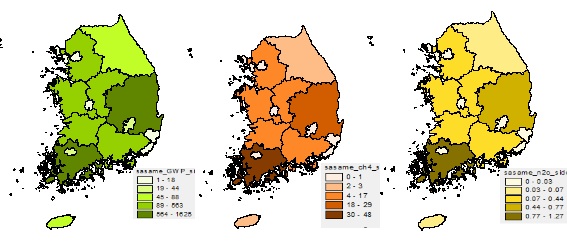 그림 25. 참깨 잔사소각 시 발생하는 시군별 CH4, N2O 및 GWP 발생량 분포