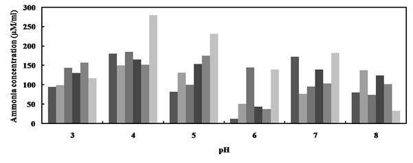 Fig. 3-7. Effects of pH on the enzyme reaction by JJA, JJB, JJ22, SHA, SHC, SH10.