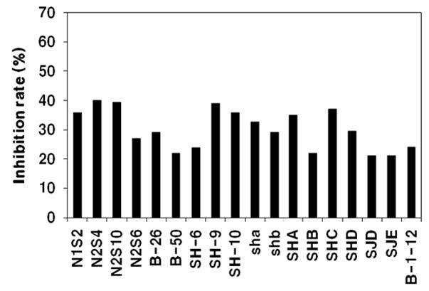 Fig. 3-14. Inhibition ratio of isolated yeasts to 5-Lipoxygenase.