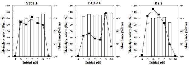 Fig. 4-5. The effect of fibrinolytic enzyme activities and cell growth on initial pH.