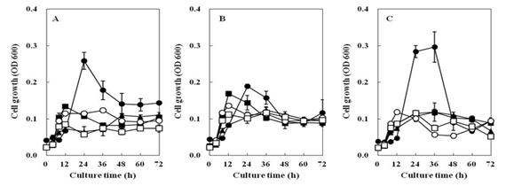 Fig. 4-24. Effects of carbon sources on the growth of Bacillus subtilis 4-1(A), Bacillus subtilis FGK 03-02(B), Bacillus subtilis KACC 10114(C) isolated from Korean traditional food.