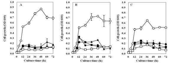 Fig. 4-26. Effects of nitrogen sources on the growth of Bacillus subtilis 4-1(A), Bacillus subtilis FGK 03-02(B), Bacillus subtilis KACC 10114(C) isolated from Korean traditional food.