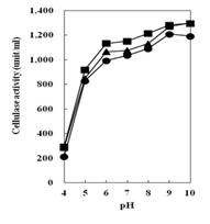 Fig. 4-43. Effects of pH on activity of the cellulase produced by Bacillus subtilis 4-1, Bacillus subtilis FGK 03-02 and Bacillus subtilis YJ 11-1-4.