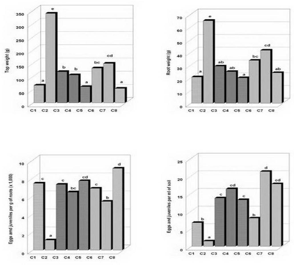 Comparative global effects of the eight tested composts on tomato plant growth and on population density of Meloidogyne incognita on tomato roots and in the soil.