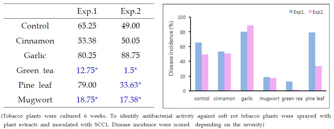 식물 추출물 처리에 의한 담배무름병균 Pectobacterium carotovora SCC1 억제효과