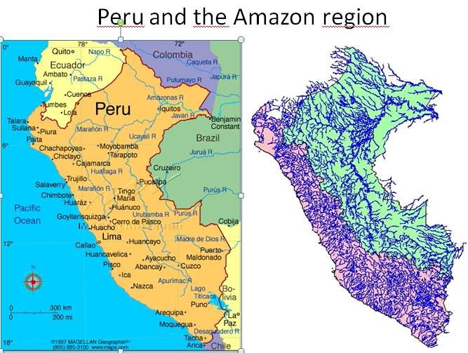 팅고마리아 국립공원 및 우아누코주의 위치와 아마존 열대우림 지도