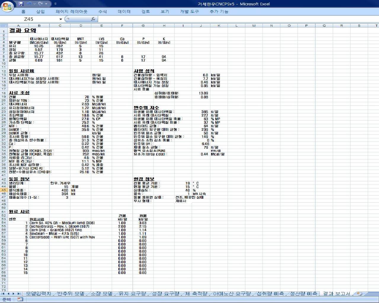 Figure 18. 한우 육성우 영양소요구량 모델의 결과 요약 화면.