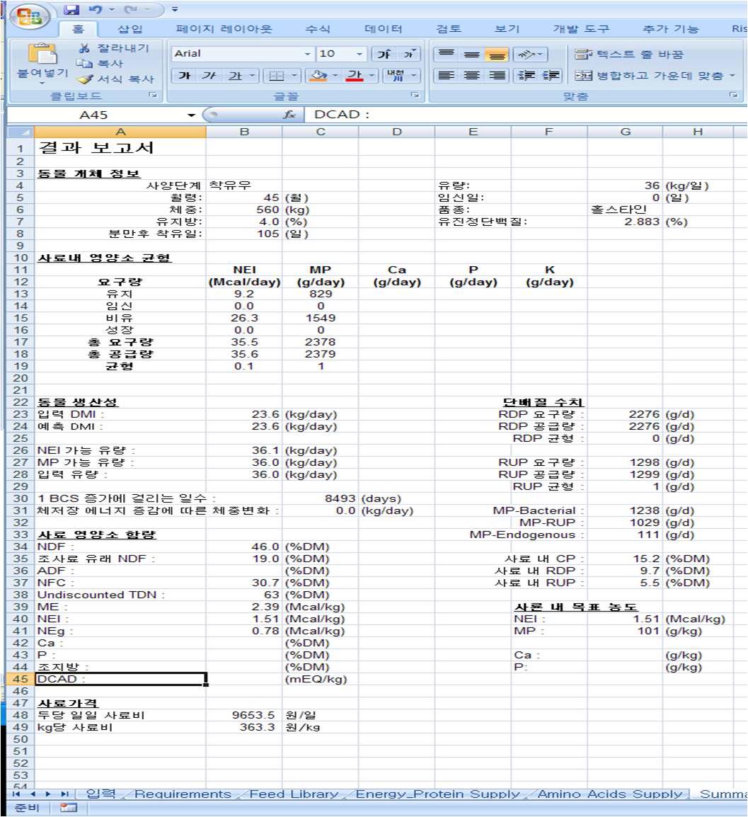 엑셀로 프로그램 코딩이 완성된 NRC 젖소 (2001)의 결과 보고서 화면