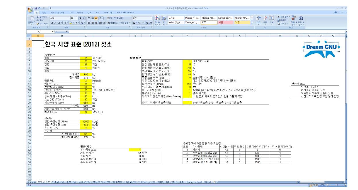 엑셀로 구현된 젖소사양표준 기반모델의 정보 입력창 화면