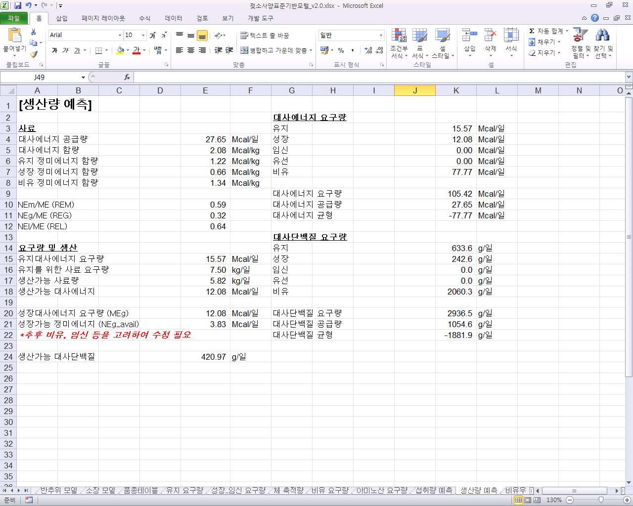 엑셀로 구현된 젖소사양표준 기반모델의 생산량 예측 모델