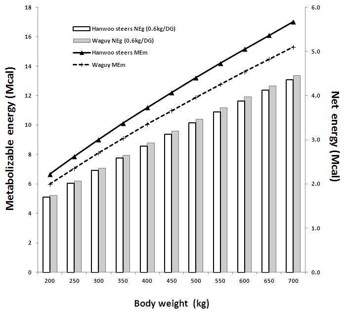 Comparison of energy requirements between Hanwoo and Waguy