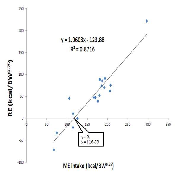 Estimation of energy requirements (116.83 kcal/BW0.75) for maintenance in Hanwoo steers at the growing period by regression between ME intake and RE