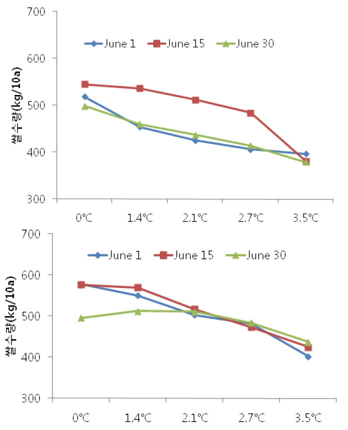 Fig 11. The variation of rice yield according to temperature and rice cultivars