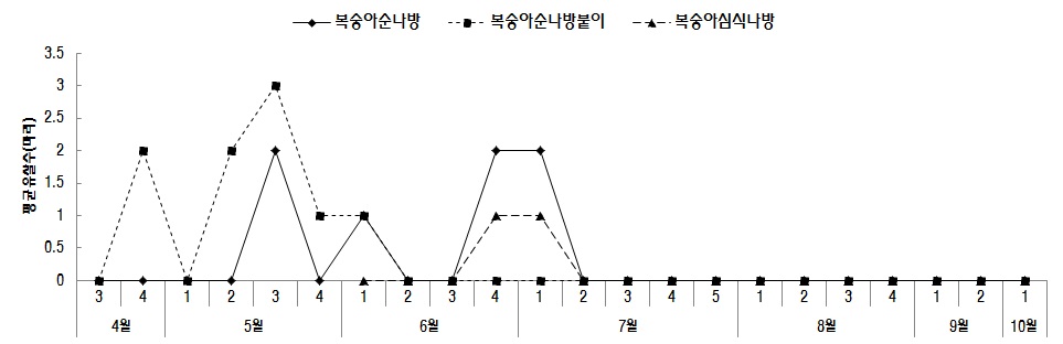 그림 2-9. 2011년 장수지역 과원의 심식나방류 최소 발생 소장 비교